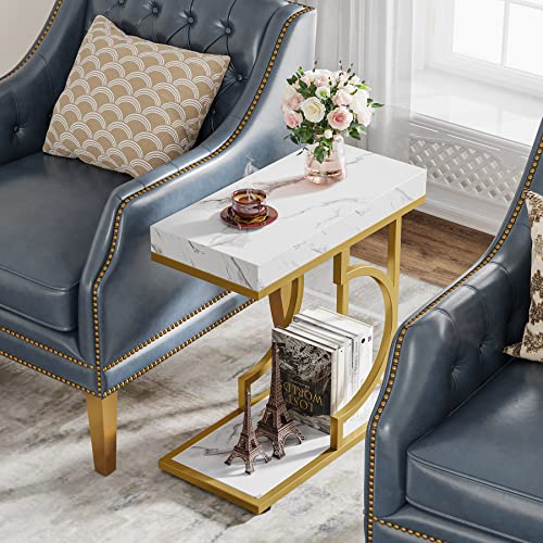 Tribesigns Narrow Side Table Set of 2, C Shaped End Table for Couch, White Gold Modern Bedside Tables with Metal Frame, Small Sofa Tables for Small Spaces, Living Rooms (2, White+Gold) - color: White+gold