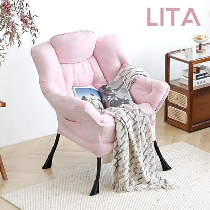 Lazy Chair with Ottoman, Comfy Accent Reading Chair, Pink | Foldable Footrest,Removable Cover,with Armrests and Side Pockets,Upholstered Lounge Chair for Bedroom,Dorm,Office,Small Space - color: Single Pink