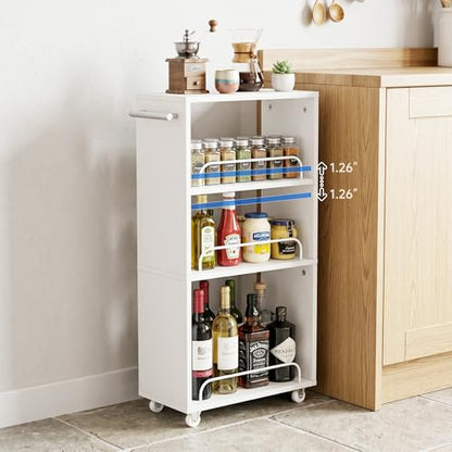 7.7'' Slim Rolling Storage Cart 4 Tier Wood Utility Cart Spice Rack Kitchen | Slide Out Narrow Rolling Cart with Adjustable Shelves,with Handle for Kitchen Laundry Bathroom Small Space - size: 3-Tier