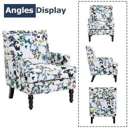 Accent Chair, Modern Comfy Accent Chairs Lounge Arm Chair | Mid-Century Linen Upholstered Wingback with Solid Wood,Single Floral Pattern Sofa Chair for Living Room/Balcony/Bedroom - color: Sackcloth001-butterfly