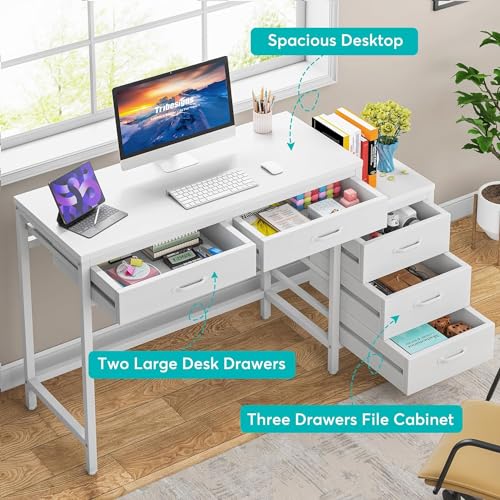 Tribesigns Computer Desk with 5 Drawers, Reversible Home Office Desks | Small Desk with Drawer Cabinet Printer Stand, PC Desk with Storage, White Study Writing Table Workstation for Small Spaces - color: White