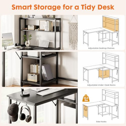 Sweetcrispy 53" Computer Desk, L Shaped Corner Gaming Desk, Power Outlet | Reversible Corner Computer Table, Adjustable Shelf CPU Stand, CPU Stand Hook, Home Office, Black - size: 53 Inch