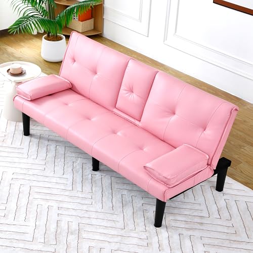 67" Futon Sofa Bed, Convertible Leather Futon Couch (Pink) | Sleeper Bed Couches with Adjustable Backrest, Cup Holders, Comfy Folding Loveseat Couch for Small Spaces Living Room Office - color: Pink