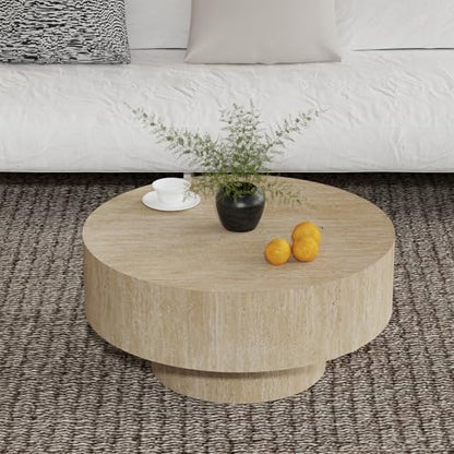 Round Drum Travertine Coffee Table with Pedestal Base | 30'' Modern Travertine Wooden Drum Center Table,Travertine Finish Drum Shape, Wooden Structure, For Living Room & Apartment - color: Travertine Round