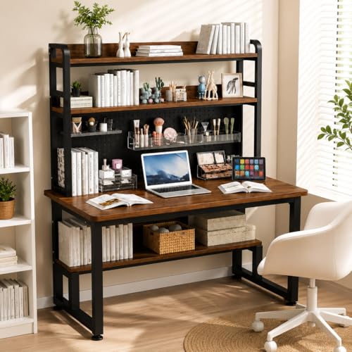 Computer Desk with Power Outlet & LED Lights | 40 Inch Gaming Desk with Hutch & Pegboard, Home Office Desk with Storage Shelves for Bedroom, Study(Brown,40inch) - color: Brown, size: 40inch