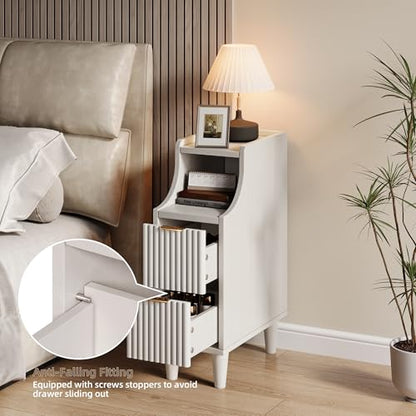 7.9" Narrow Fluted Nightstand Set of 2,Slim Side End Table with 2 Drawers,White Modern Bedside Table,Skinny Night Stand for Bedroom,Small Space - color: White,7.9" With 2 Drawers