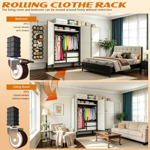 Portable Closet with Drawers Heavy Duty with Cover, KT-white L:59in/150cm - color: Kt Off-white, size: L:59in/150cm