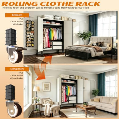 Portable Closet with Drawers Heavy Duty with Cover, KT-white L:59in/150cm - color: Kt Off-white, size: L:59in/150cm