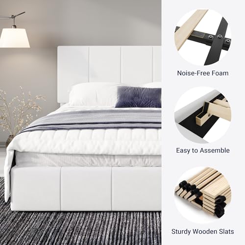 Allewie Queen Size Dutch Velvet Upholstered Platform Bed Frame/Vertical Channel Tufted Adjustable Headboard/Low Profile Bed Frame/No Box Spring Needed/Easy Assembly/White - color: White, size: Queen