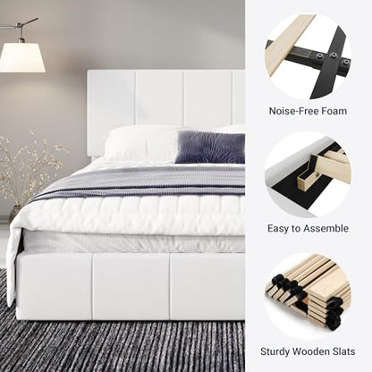 Allewie Full Size Dutch Velvet Upholstered Platform Bed Frame/Vertical Channel Tufted Adjustable Headboard/Low Profile Bed Frame/No Box Spring Needed/Easy Assembly/White - color: White, size: Full