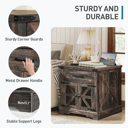 Farmhouse End Table with Charging Station, 24" Large Sofa Side Table with Drawer, Large End Table for Living Room, Wooden Nightstand with Outlet, Square, Dark Rustic Oak - color: Dark Rustic Oak