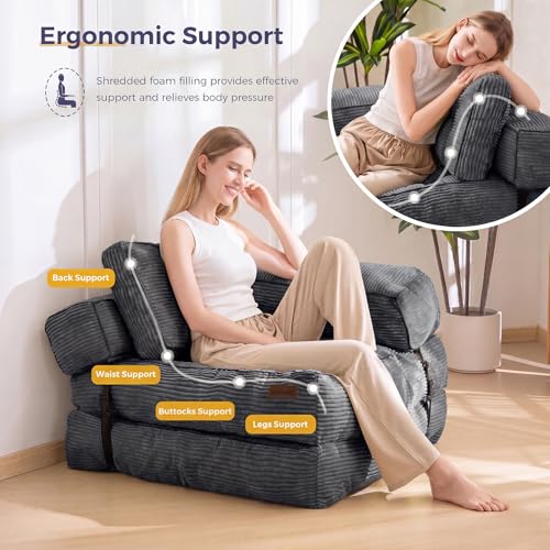 MAXYOYO Folding Sofa Bed, Convertible Chair Bed with Pillow | L-Shaped Floor Sofa with Armrest and Pillow, Foldable Portable Fold Out Comfy Chair Bed for Living Room Bedroom, Dark Grey - color: Dark Grey