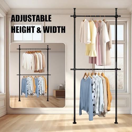 Heavy Duty Double Bar Clothing Rack – Adjustable Floor-to-Ceiling Clothes Rack, 2 Crossbars 220 lbs Capacity Each, Heavy-Duty Carbon Steel, No-Drill Installation, for Laundry Room, Bedroom & Boutique