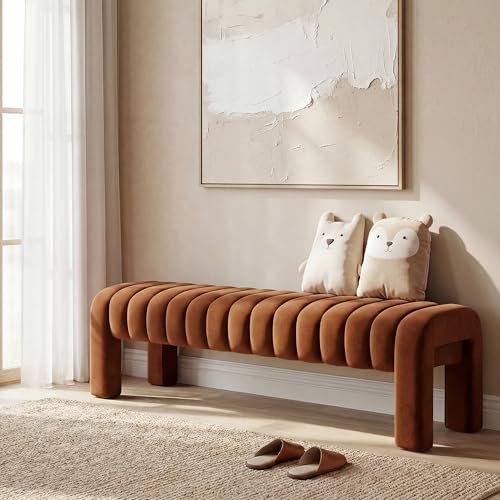 63" Bedroom Bench, Upholstered Entryway Bench, Modern End of Bed Ottoman with Solid Wood Legs and Adjustable Foot Pegs for Entryway, Dining Room and Living Room (Brown Velvet) - color: Brown Velvet, size: 63"