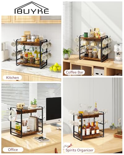 IBUYKE Kitchen Mug Cup Holder,2 Tier Coffee Bar Organizer,Brown TBJ006H | Coffee Bar Station Countertop Organizer Coffee Mug Stand with 18 Hooks,Multifunctional Mug Tree for Home Kitchen Office - color: Rustic Brown
