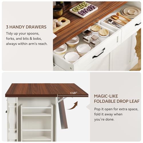 Kitchen Island with Drop Leaf, 47.6" Kitchen Island with Storage | with Power Outlet & Trash Bin Rolling Kitchen Cart with Spice Rack Island Table for Kitchen Breakfast Home Bar, Antique White
