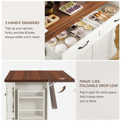 Kitchen Island with Drop Leaf, 47.6" Kitchen Island with Storage | with Power Outlet & Trash Bin Rolling Kitchen Cart with Spice Rack Island Table for Kitchen Breakfast Home Bar, Antique White