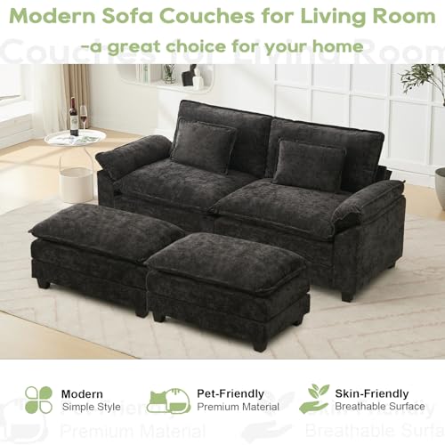 86" Modular Sectional Sofa, Comfy Deep Cloud Couch with Ottoman | Couches for Living Room, Sofa Bed, Modular Couch, Deep and Wide Seat, Chenille Sofa Sleeper with Throw Pillows, Black - color: Black, size: 86 Inch 4