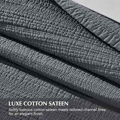 EVERGRACEHOME Cotton Sateen Channel Quilt Set, Queen Size, Midnight Blue | 100% Cotton, Pre-Washed Soft Coverlet Bedspread, 3-Piece Refined Channel Stitch Bedding Set for All Season, 2 Pillow Shams - color: Midnight Blue - Refined Channel, size: Full/Quee