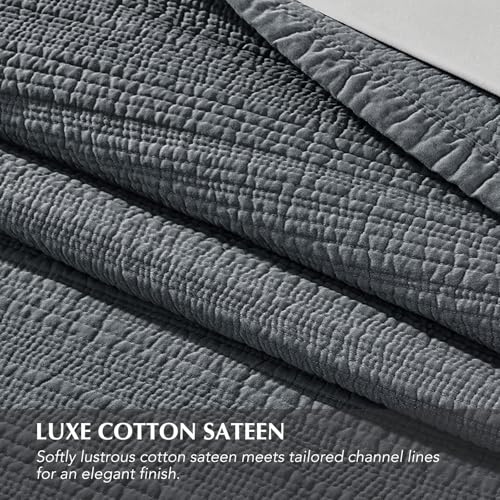 EVERGRACEHOME Cotton Sateen Channel Quilt Set, King Size, Midnight Blue | 100% Cotton, Pre-Washed Soft Coverlet Bedspread, 3-Piece Refined Channel Stitch Bedding Set for All Season, 2 Pillow Shams - color: Midnight Blue - Refined Channel, size: King (110"