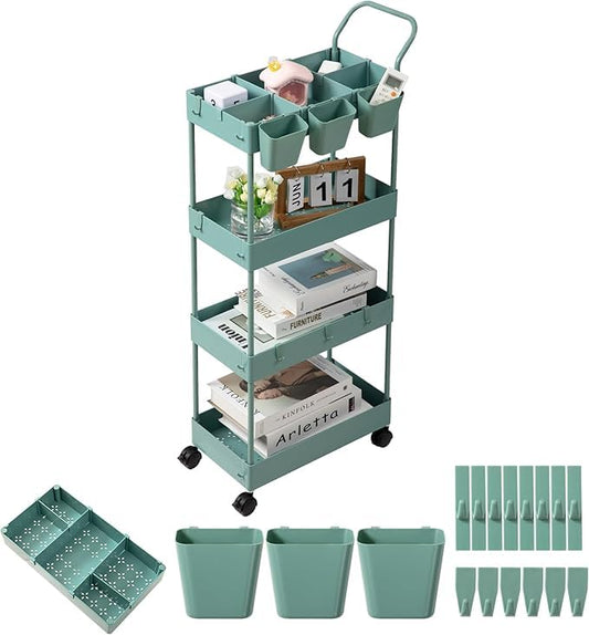 Slim Storage Cart on Wheels, 4 Tier Narrow Laundry Cart with Hooks Hanging Cups Dividers Mobile Rolling Lash Cart with Handle for Bathroom Small Spaces, Green - style: 4 Tier Green