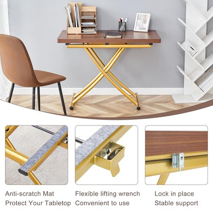 4 in 1 Adjustable Folding Dining Table for 4, Foldable Table for Small Spaces, Coffee Table that Lifts Up to Eat, Scratch-Resistant Wood Grain Top with Metal Frame for Kitchen Living Room - color: Walnut-gold