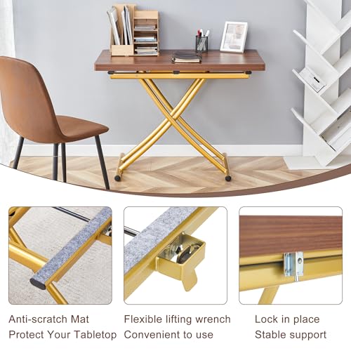 4 in 1 Adjustable Folding Dining Table for 4, Foldable Table for Small Spaces, Coffee Table that Lifts Up to Eat, Scratch-Resistant Wood Grain Top with Metal Frame for Kitchen Living Room - color: Walnut-gold