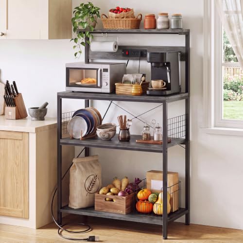 OLIXIS Standing Bakers Rack with Power Outlet, 31.5 Inch Microwave Stand | Kitchen Storage Rack, 3 Adjustable Shelves, Coffee Bar Organizer, Small Appliances, Space Saver, Grey - color: Grey, size: 31.5 Inch