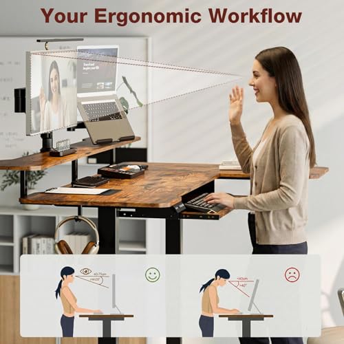 59 Inch L Shaped Standing Desk with Shelves and Keyboard, Electric Corner Standing Desk Adjustable Height, Sit Stand Computer Table with Reversiable Splice Board，Rustic Brown