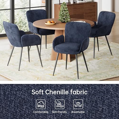 VKNOW Modern Upholstered Dining Chairs Set of 2 with Armrest, Navy | Armed Dining Room Chairs with Metal Legs, Kitchen Chairs for Restaurant Kitchen Living Room - color: Navy Blue, size: Set of 2