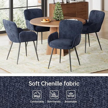 VKNOW Modern Upholstered Dining Chairs Set of 4 with Armrest, Navy | Armed Dining Room Chairs with Metal Legs, Kitchen Chairs for Restaurant Kitchen Living Room - color: Navy Blue, size: Set of 4