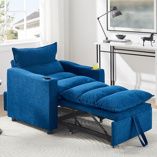 SLEERWAY 3 in 1 Convertible Sleeper Sofa Bed, 36.14" W Easy Pull Out Chair Bed with Dual Cup Holders, Comfy Thick Padding Futon Love Seat with Adjustable Backrest for Living Room Small Space (Blue) - color: Blue, size: 36.14"