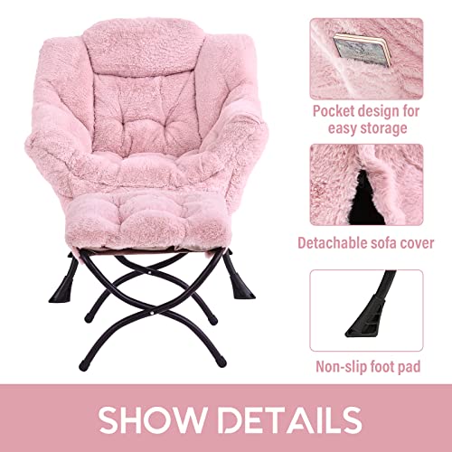 Lazy Chair with Ottoman, Comfy Accent Reading Chair, Plush Pink | Foldable Footrest,Removable Cover,with Armrests and Side Pockets,Upholstered Lounge Chair for Bedroom,Dorm,Office,Small Space - color: Plush Pink