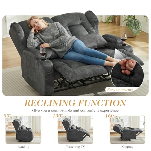 Loveseat Recliner Sofa,RV Wall Hugger Recliners for Small Spaces,Reclining Loveseat Sofa Recliner with Cup Holders/Lumbar Pillows,RV Furniture (Gray,56" 2-Seater) - color: Grey, size: 56" 2-Seater