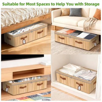Livole 2 Pack Bamboo Under Bed Storage Containers with Wheels | Breathable Bamboo, Invisible Wheels, 6 inches Height, 56L Large Capacity, Easy Setup, Handles, Clear Lid