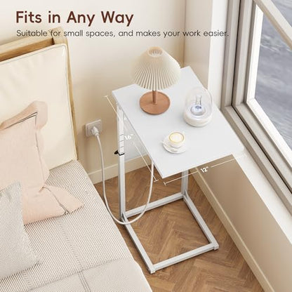 C Shaped End Table with Charging Station, Adjustable Height Side Table for Couch, Small Sofa Table for Small Spaces, Slide Under Sofa Table TV Tray Arm Tables for Living Room, Bedroom, White - color: White, style: With Plug