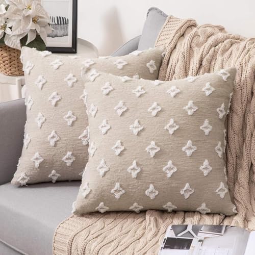MIULEE Set of 2 Decorative Throw Pillow Covers Rhombic Jacquard Pillowcase Soft Square Spring Cushion Case for Couch Sofa Bed Bedroom Living Room, 18x18 Inch, Beige - color: Beige, size: 18" x 18" (Pack of 2)