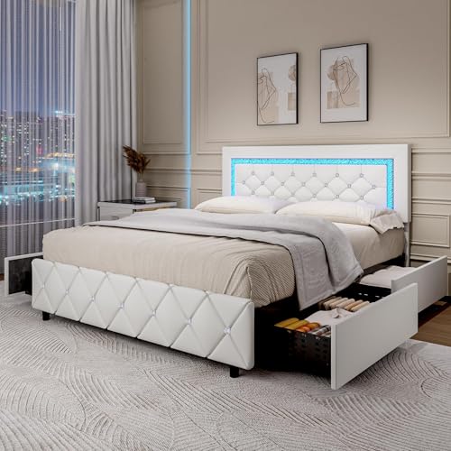 BarnFurin Full Size Bed Frame with LED Headboard and Storage Drawers,White | Modern Platform Bed with Diamond Headboard and Footboard, No Box Spring Needed - color: White, size: Full
