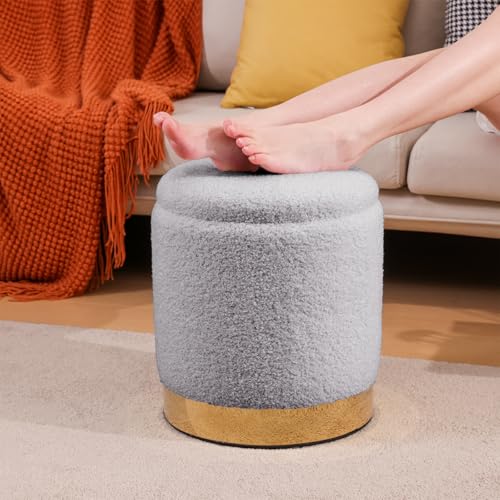 YYW HOME Round Ottoman with Storage Set of 2 Gray Sherpa Vanity Stool | Removable Lid, Gold and Gray Ottoman,Hidden Storage Stool, Small Coffee Table for Living Room,Nest Packing, Assembly Free - color: Teddy Gray