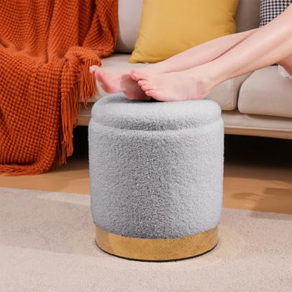 YYW HOME Round Ottoman with Storage Set of 2 Gray Sherpa Vanity Stool | Removable Lid, Gold and Gray Ottoman,Hidden Storage Stool, Small Coffee Table for Living Room,Nest Packing, Assembly Free - color: Teddy Gray