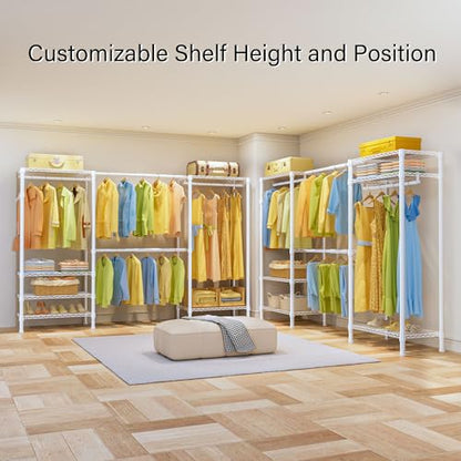 SEMHOR E06 Expandable Heavy Duty Clothes Rack for Reach-in Closet | Freestanding Clothing Racks with Shelves, Carbon Steel Closet Organizer System Adjustable 70.8-93.9", Max Load 800LBS, White - color: White