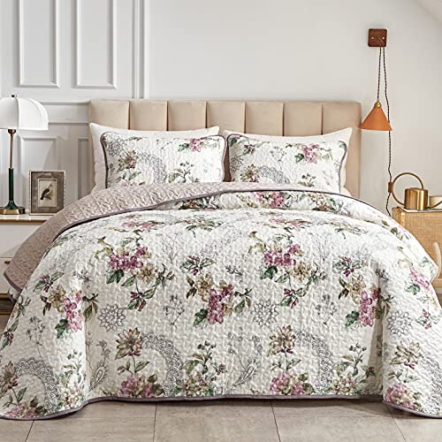 Flysheep 3 Pieces Quilt Set King Size, Beige Floral Reversible Bedspread Coverlet Set, Soft Microfiber Lightweight Bed Cover for All Season (102" x 90", 1 Quilt+ 2 Pillow Shams) - color: Beige Floral, size: King-102"x90" (1 Quilt + 2 Pillow Shams)
