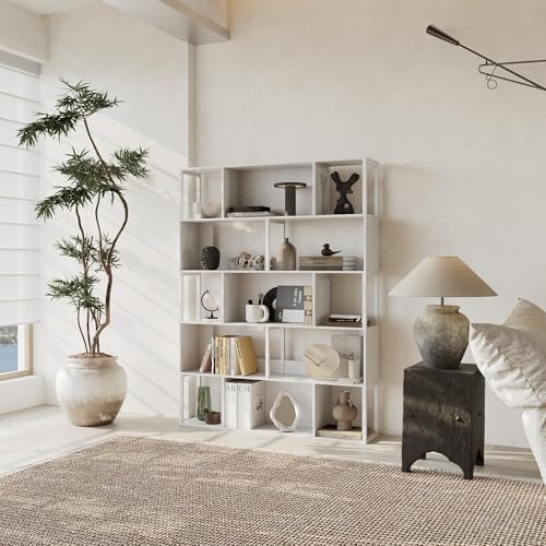 Garvee 5-Tier Bookshelf, Tall Geometric Bookcase, Modern Room Divider & Display Shelf with Anti-Tipping Devices, Mid Century Bookshelf for Living Room, Home Office | Display Shelf with Anti-Tipping Devices, Mid Century Bookshelf for Living Room, Home Offi