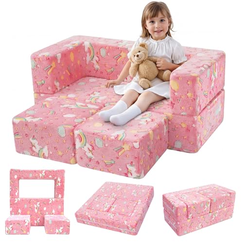 MeMoreCool Glow in Dark Unicorn Kids Couch, Fold Out Loveseat, Colorful | Glow in dark unicorn kids couch folds out to bed, colorful loveseat for girls bedroom - color: Colorful Unicorn