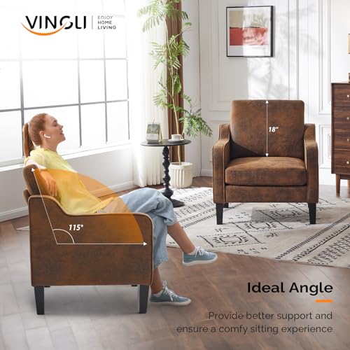 VINGLI Chair Rustic Upholstered Chenille Accent Chair for Living Room, Bedroom, Mid-Century Modern Arm Chair Comfy Reading Chair with Scooped Arms - color: Rustic