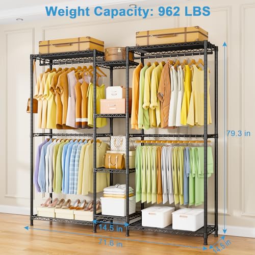 E4 Clothes Rack, Heavy-Duty Garment Rack Can Be L-Shaped Closet, Black | Metal Freestanding Clothing Organization Storage System with Shelves and Hangers, Load 962lbs - color: Black