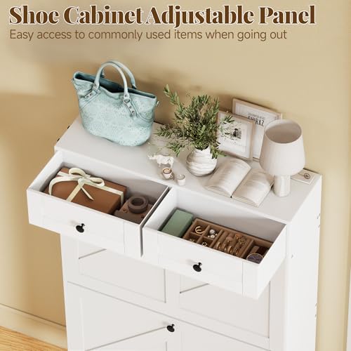Shoe Cabinet with 2 Flip Drawers Freestanding Shoe Organizer with 2 Fabric Drawers Farmhouse Flip Shoe Storage Cabinet Narrow Shoe Rack Cabinet for Entryway, Hallway, Living Room, White