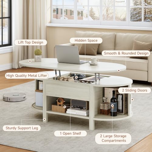43.3" Oval Lift Top Fluted Coffee Table with Sliding Door, Natural | Mid-Century Modern Fluted Coffee Table with Lift Tabletop & Multi-Storage Spaces, Dining Table for Living Room, Home Office - color: Natural