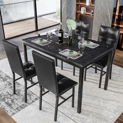Hooseng Dining Table Set for 4, Faux Marble Small Kitchen Table with 4 PU Leather Chairs, Modern 5 Piece Dinner Table Set for Dining Room, Breakfast Nook, Samll Space, Black - color: Black