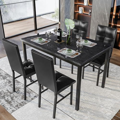 Hooseng Dining Table Set for 4, Faux Marble Small Kitchen Table with 4 PU Leather Chairs, Modern 5 Piece Dinner Table Set for Dining Room, Breakfast Nook, Samll Space, Black - color: Black